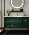 Crystal Cabinet Knobs 30 Pack Set For Dresser And Cabinets, Diamond Glass Pull Handles installed on green bathroom vanity.