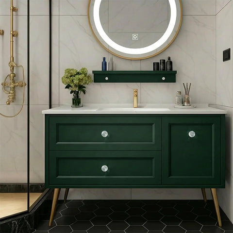 Crystal Cabinet Knobs 30 Pack Set For Dresser And Cabinets, Diamond Glass Pull Handles installed on green bathroom vanity.