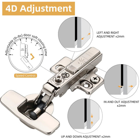 Furniware 10-pack frameless full-overlay cabinet hinges, stainless steel, clip-on, soft-close, 4D adjustment, 45–110°.