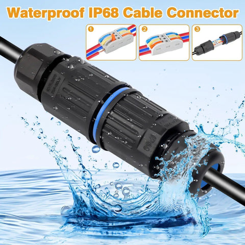 10 Pack Waterproof IP68 Outdoor Junction Box With 3 Way Quick Terminal All-Weather Replaceable Lever Wire Connectors For AWG 28-12 Gauge Wire Weatherproof Cable Connector For Outdoor Electrical Projects, showing waterproof design in water splash test