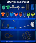No Sweat 19 Piece Coolant Pressure Tester Kit includes 15 universal radiator adapters, vacuum pump, thermometer and accessories.