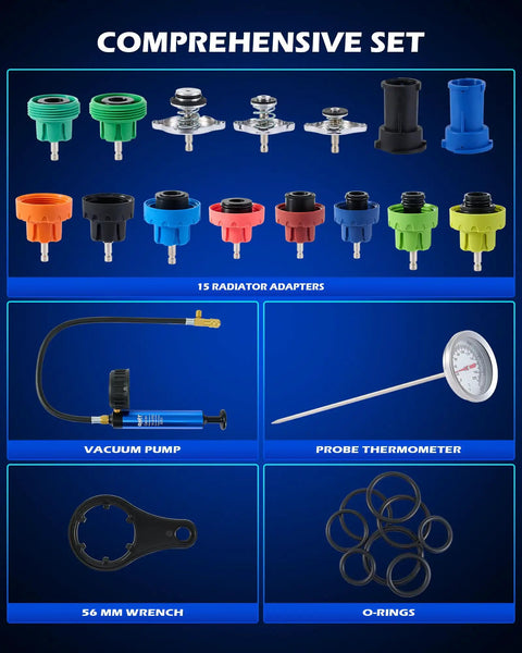 No Sweat 19 Piece Coolant Pressure Tester Kit includes 15 universal radiator adapters, vacuum pump, thermometer and accessories.