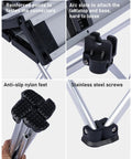 Ultralight Camping Folding Table With Carry Bag, Durable Aerospace Grade Aluminum, close-up of hinged connection and anti-slip feet.