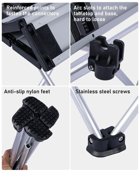Ultralight Camping Folding Table With Carry Bag, Durable Aerospace Grade Aluminum, close-up of hinged connection and anti-slip feet.