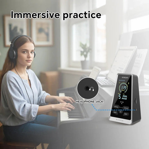 Digital LCD Metronome For Piano Guitar Drums Violin Ukulele Practice With Adjustable Tempo And Beat, shown next to piano player.