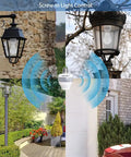 Plug And Play Smart Motion Sensor Light Adapter for E26 and E27 sockets shown in outdoor lanterns activating with radar waves.