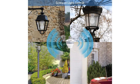 Plug And Play Smart Motion Sensor Light Adapter for E26 and E27 sockets shown in outdoor lanterns activating with radar waves.