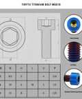 Technical drawing of Ultra Lightweight Titanium Bolts M6x18 Hex Socket Screws for weight critical upgrades, burnt blue finish.