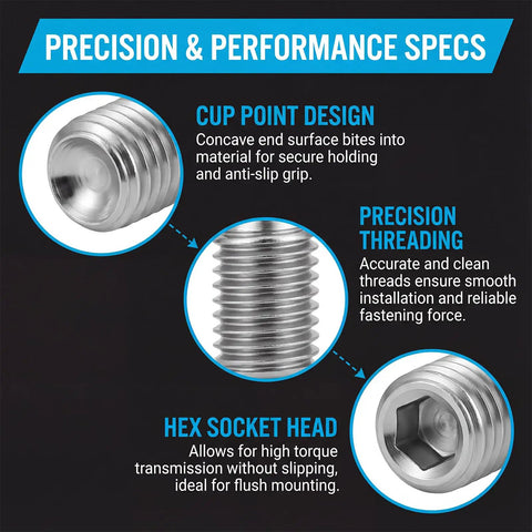 Close-up of Pro Grade 300 Pcs All In One Set Screw Kit M3 M4 M5 M6 M8 304 Stainless Steel Cup Point Screws with threading design