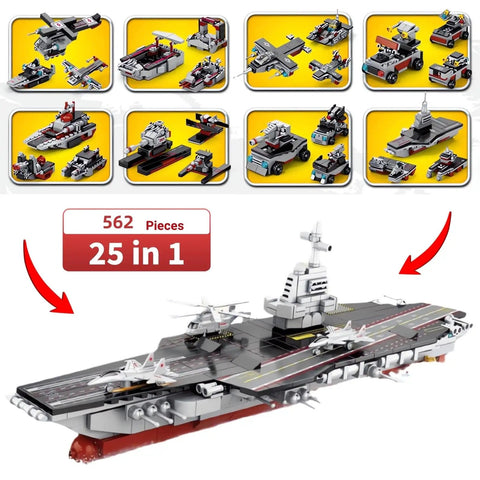 8 In 1 WW2 Aircraft Carrier Building Set With Helicopter And Boat Epic Naval Battleship Toy That Converts Into 25 Warship Models 562 Pieces
