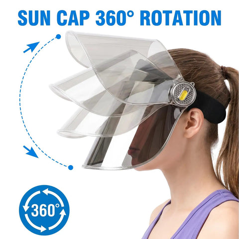 Woman wearing Sun Visor Hat With UPF 50+ UV Protection For Hiking Golf Tennis And Outdoors, PC Lens Shield, adjustable strap