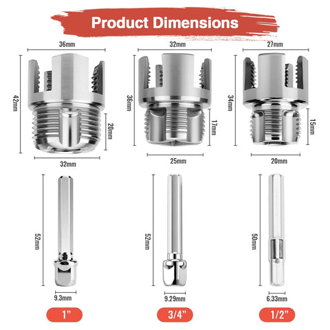 GrenTools 3 Piece Pvc Pipe Threader Kit For 1/2 Inch, 3/4 Inch, And 1 Inch Pipes dimensions showing sizes of high carbon steel threading tools.