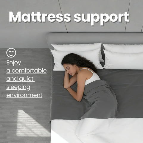 Queen Size Bunkie Board With Firm Anti Sag Under Bed Support Pad Flat Out Rock Solid platform supporting a person sleeping peacefully.