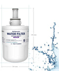 Image of Premium Refrigerator Water Filter Cartridge Pack of 3 with Coconut Shell Activated Carbon next to water splash.