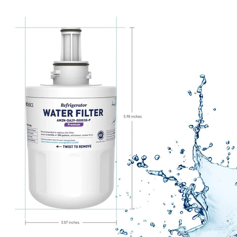 Image of Premium Refrigerator Water Filter Cartridge Pack of 3 with Coconut Shell Activated Carbon next to water splash.