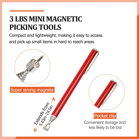 2-Piece Magnetic Pick Up Tool Set With Telescoping Magnets, 15 Lb And 2 Lb Pull Force, Super Handy For Car, Home, Garage And Office, Reaches Tight Gaps To Snag Small Screws, Keys, And Metal Parts