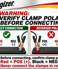 Warning graphic demonstrating correct and reversed polarity connections for jumper cables, important safety information included.