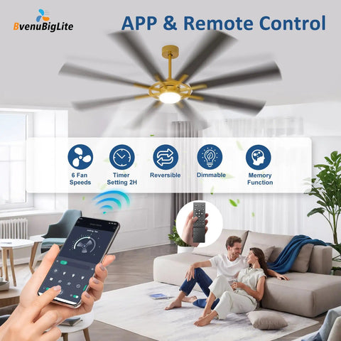 Monster 72 Inch Ceiling Fan With Lights 8 Dual Finish Blades In Black And Walnut Remote And App Control in living room