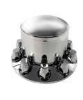 Chrome Front And Rear Wheel Cover Set For Semi Trucks With 33mm Screw On Lug Nut Covers And Install Tool Universal 11 1 Quarter Inch Bolt Circle Fits 20, 22.5, And 24.5 Inch Wheels Includes 6 Covers 6 Caps And 30 Nut Covers close-up