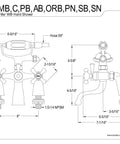 Diagram of Charleston Deck Mount Clawfoot Tub Filler With Hand Shower showing measurements and components.