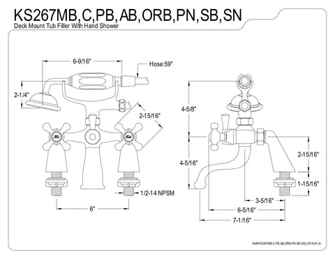 Diagram of Charleston Deck Mount Clawfoot Tub Filler With Hand Shower showing measurements and components.