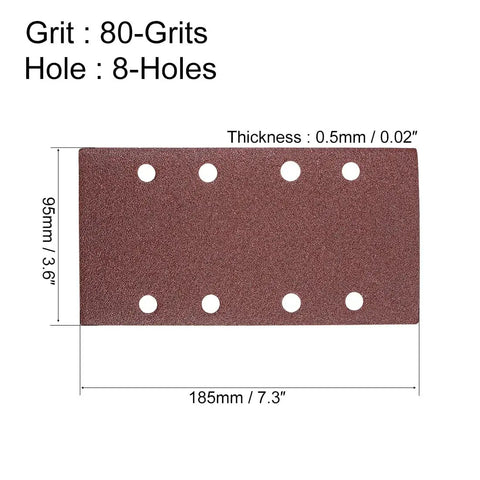 Boss Level 80 Grit Sanding Sheets Hook And Loop Pads For One Third Sheet Sanders Eight Hole Aluminum Oxide Paper showing dimensions 185x95mm.