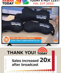 TV displaying Inflatable Travel Lumbar Pillow For Airplane Seats, Adjustable Lower Back Support Cushion For Long Flights, Super Comfy Inflate And Deflate, Boost Posture, Easy On The Go Comfort, featured on a morning show.