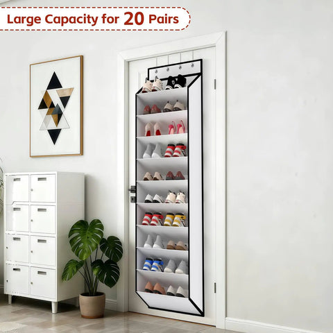 Over The Door 10 Tier White Hanging Shoe Organizer With Deep Pockets Holds 20 To 30 Pairs For Sneakers And Boots Durable Nonwoven Fabric Door Storage Solution