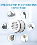 Premium Shower Head Water Filter Replacement Cartridges with KDF material shown with compatible shower heads pack of 3