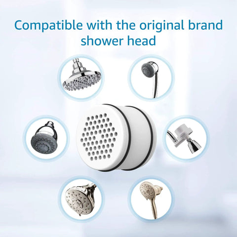 Premium Shower Head Water Filter Replacement Cartridges with KDF material shown with compatible shower heads pack of 3