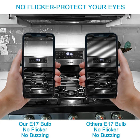 Comparison of two E17 bulbs over a stove showing "No Flicker" text, featuring Dimmable E17 LED Microwave Over Stove Bulb 7W 120V 6000K Daylight White Replaces 60W Incandescent