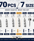Slick Screw In Nail Fishing Weights Kit For Neko Rigs Soft Plastic Lures And Wacky Hooks with 70 pieces and 7 sizes displayed.