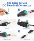 Illustrated steps to use DC terminal connectors for 2 Pack 24V Power Supply Adapter for LED Strips and More, 24 Volt 2A DC Converter.