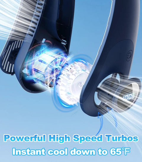Close-up of Neck Fan With LED Display And Hands Free Design, Five Speed Bladeless Personal Cooler, highlighting internal turbines.