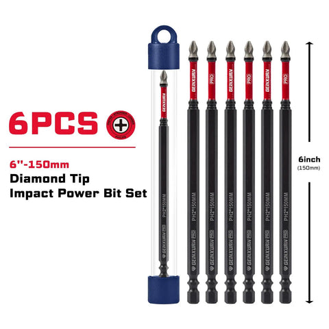 Diamond Coated Impact Screwdriver Bit Set 6 Inches PH2 Phillips 6 Pc Magnetic S2 Steel Power Driver Bits With Tubes Case