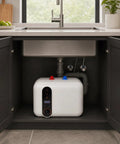 2.6 Gallon Electric Mini Tank Water Heater Equipped With Solid Stainless Steel Core For Compact Under Sink Placement Quick Warm Water Relief In Kitchens Or Rvs Featuring No Sweat Setup And Plug And Play Wiring installed under a kitchen sink.
