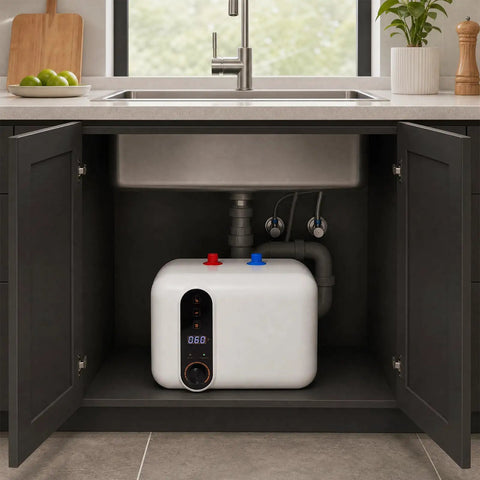 2.6 Gallon Electric Mini Tank Water Heater Equipped With Solid Stainless Steel Core For Compact Under Sink Placement Quick Warm Water Relief In Kitchens Or Rvs Featuring No Sweat Setup And Plug And Play Wiring installed under a kitchen sink.