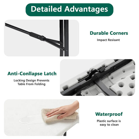 Two Pack 6 Foot Folding Tables, Heavy Duty Plastic Tops With Reinforced Steel Legs, 400 Lb Weight Capacity, detail shot of lock, corner, waterproof surface