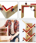 90 Degree Aluminum Woodworking Square With Imperial And Metric Laser Etched Markings, Pro Grade Right Angle Ruler, Multi Function Clamping Tool For DIY Projects, Lightweight And Corrosion Resistant. Red aluminum corner clamps on wood box joints