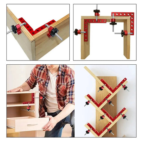 90 Degree Aluminum Woodworking Square With Imperial And Metric Laser Etched Markings, Pro Grade Right Angle Ruler, Multi Function Clamping Tool For DIY Projects, Lightweight And Corrosion Resistant. Red aluminum corner clamps on wood box joints