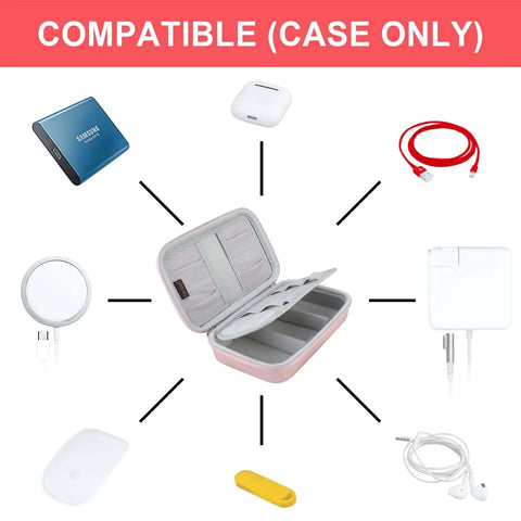 Rock Solid Hard Shell Travel Electronics Organizer Case With Hefty Pockets And Snag Free Elastic Webbing for cables and chargers, open view.