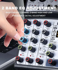 Close-up of Ultra Portable Four Channel Audio Mixer with 2 band EQ adjustment, USB Bluetooth, 99 DSP effects for recording and streaming.