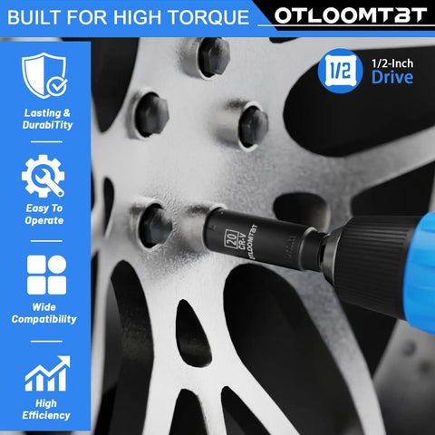 Heavy Duty 32 Piece One Half Inch Drive Impact Socket Set With Deep Sockets Metric And SAE With Extension Bar Cr V Steel Rust Resistant Coating Pro Grade Tough Build And Premium Storage Case being used on a wheel bolt.