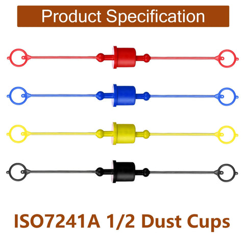 Ojeemii 8-piece hydraulic dust caps and plugs set for 1/2 in flat-face couplings; red, blue, yellow, and black.