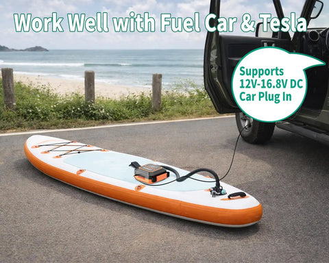 Fast Inflate Electric Paddle Board Pump with Auto Off No Fuss 20 Psi High Pressure on a beach next to a car with 12V plug in