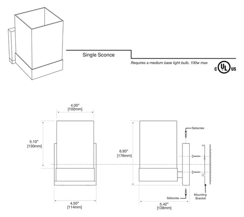 Technical drawing of Elevate Slick Matte Black Sconce For Bathroom Vanity With Frosted Glass Shade, single wall mount dimensions.