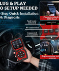 V519 OBD2 CAN Diagnostic Scanner Pro Grade With Live Data Battery Test And 40000 Plus DTC Library in hand, on car dashboard.