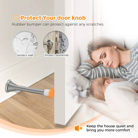 Side view of Ravinte satin-nickel spring door stop with rubber bumper, 12-pack for bottom-of-door use