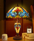 Retro Tiffany Style Table Lamp With Stained Glass, 24 Inches Tall, Vintage Vibe Night Light, orange glow on nightstand