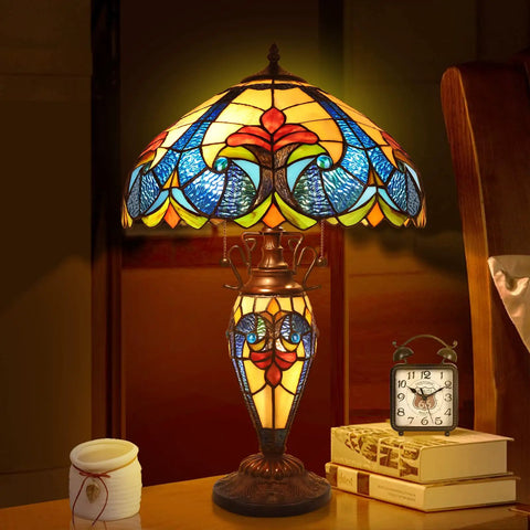 Retro Tiffany Style Table Lamp With Stained Glass, 24 Inches Tall, Vintage Vibe Night Light, orange glow on nightstand